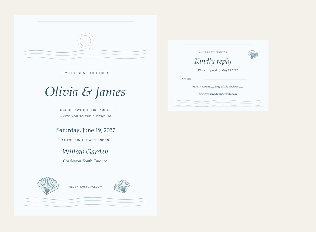 Coastal Blue Wedding Invitation + RSVP | Editable Canva Templates