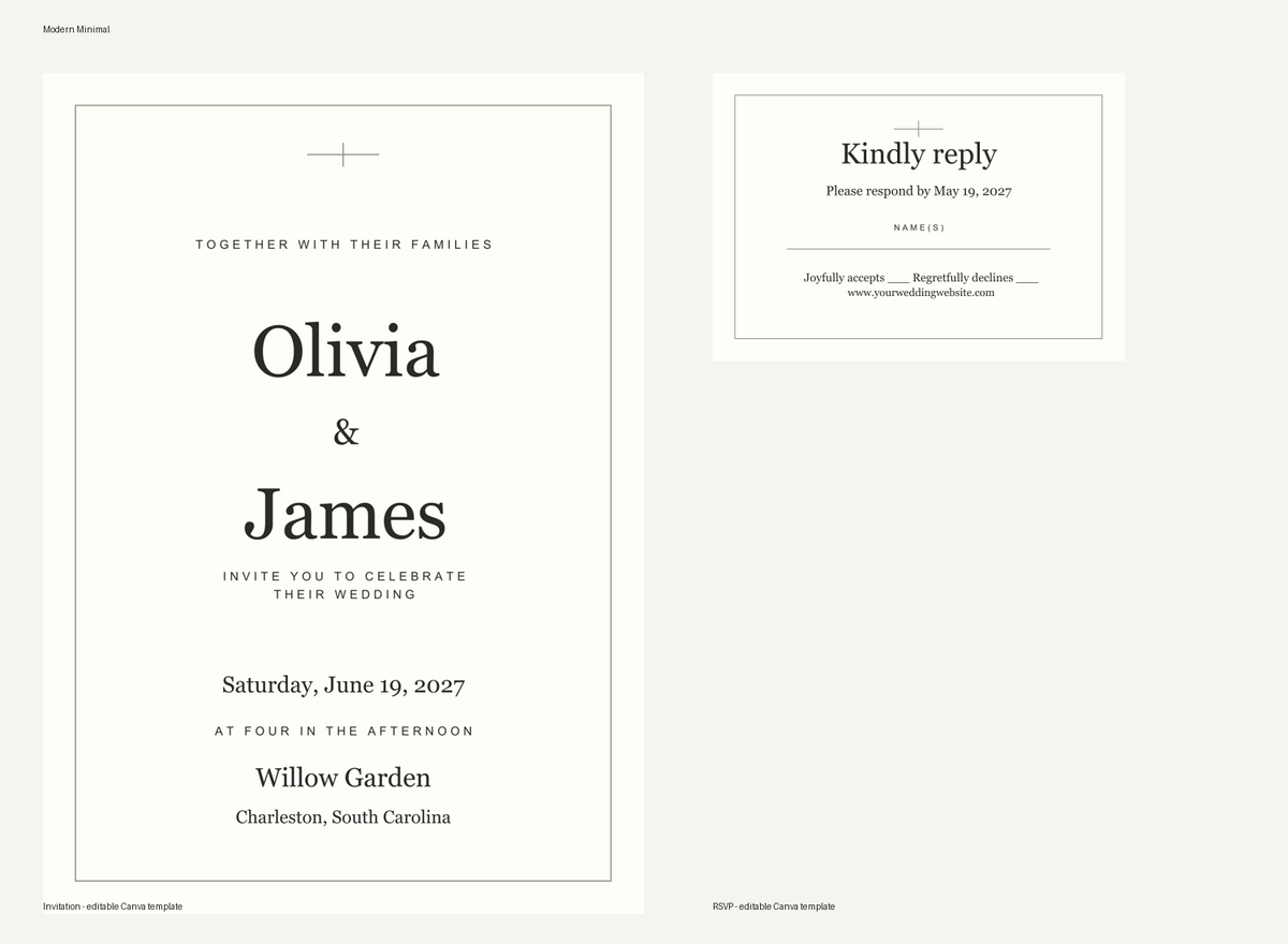 Modern Minimal Wedding Invitation + RSVP | Editable Canva Templates
