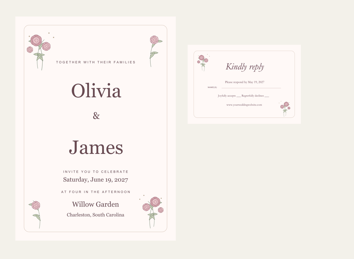 Romantic Rose Wedding Invitation + RSVP | Editable Canva Templates